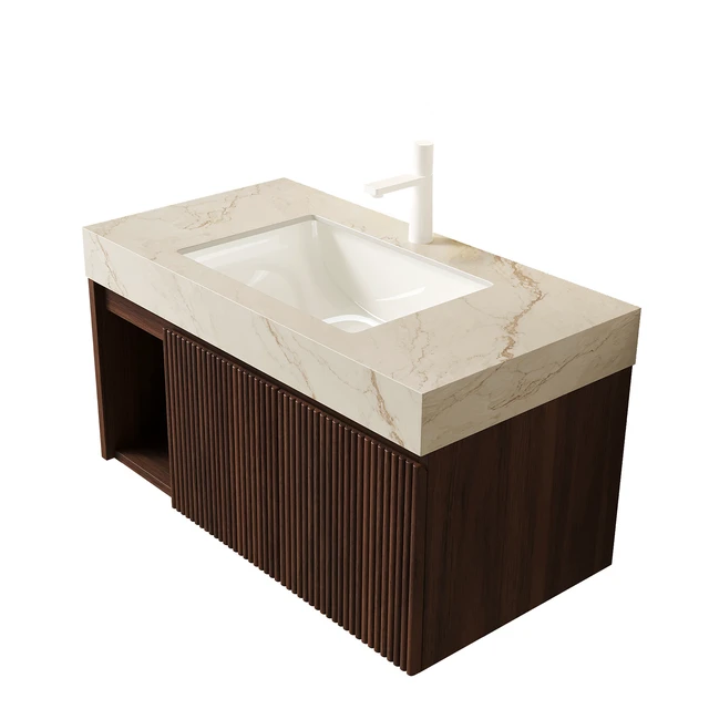 Alt view image 4 of 7 - 36 Inch Vanity and Sink, Floating Storage Cabinet Vein Sintered Stone Top and Ceramic Basin with Pre Drilled Faucet
