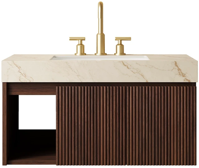 Alt view image 3 of 7 - 36 Inch Vanity and Sink, Floating Storage Cabinet Vein Sintered Stone Top and Ceramic Basin with Pre Drilled Faucet