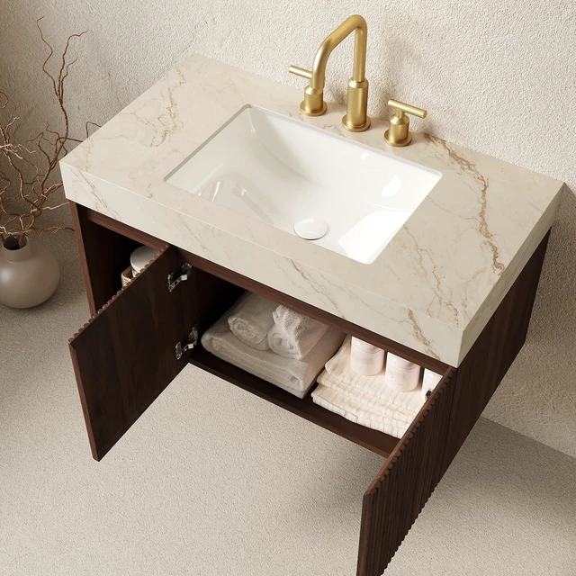 Alt view image 2 of 7 - 36 Inch Vanity and Sink, Floating Storage Cabinet Vein Sintered Stone Top and Ceramic Basin with Pre Drilled Faucet
