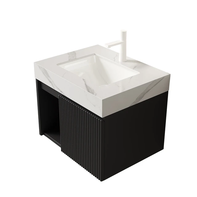 Alt view image 4 of 7 - 24 Inch Vanity and Sink, Floating Storage Cabinet Carrara Sintered Stone Top and Ceramic Basin with Pre Drilled Faucet