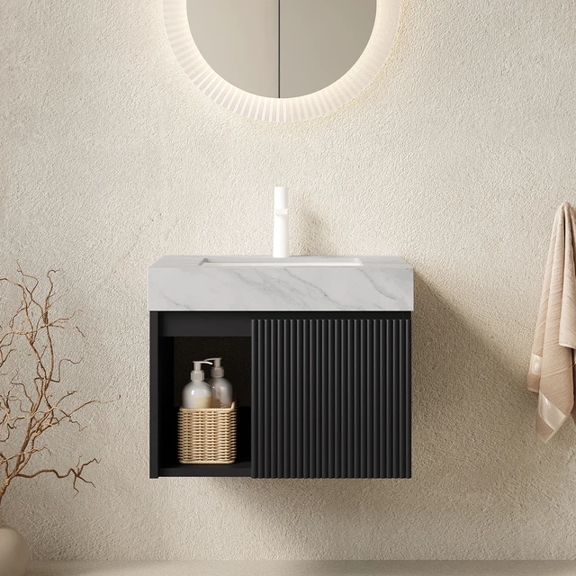 Main image of 24 Inch Vanity and Sink, Floating Storage Cabinet Carrara Vein Sintered Stone Top and Ceramic Basin with Pre Drilled