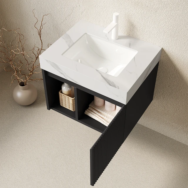 Alt view image 2 of 7 - 24 Inch Vanity and Sink, Floating Storage Cabinet Carrara Sintered Stone Top and Ceramic Basin with Pre Drilled Faucet