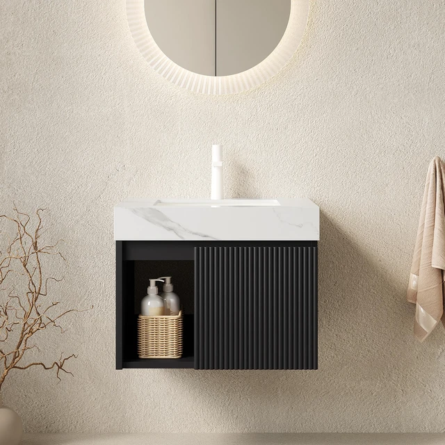 Main image of 24 Inch Vanity and Sink, Floating Storage Cabinet Carrara Sintered Stone Top and Ceramic Basin with Pre Drilled Faucet