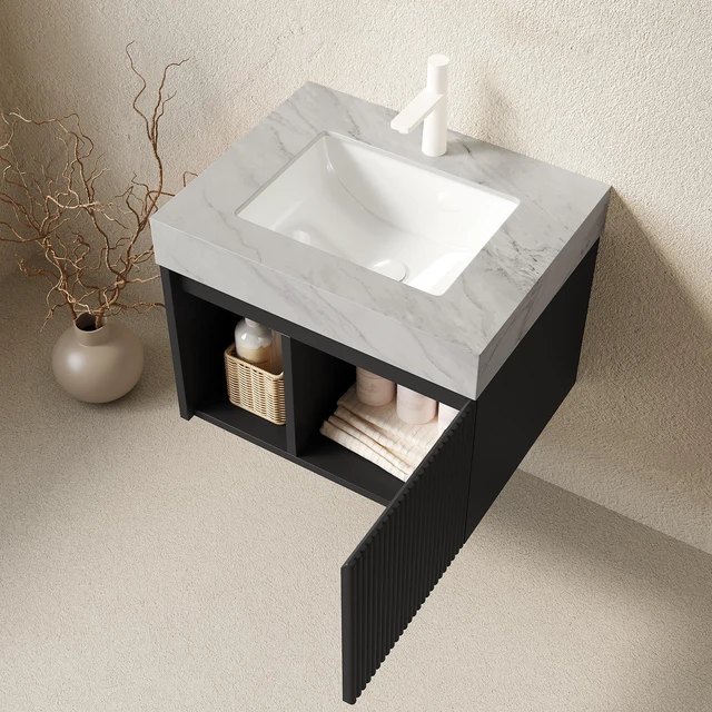 Alt view image 2 of 7 - 24 Inch Vanity and Sink, Floating Storage Cabinet Carrara Vein Sintered Stone Top and Ceramic Basin with Pre Drilled