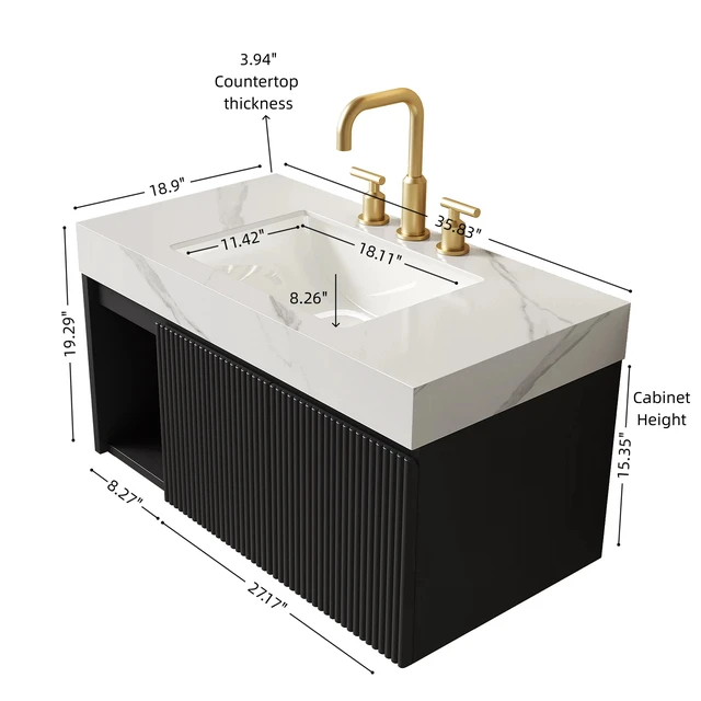Alt view image 5 of 7 - 36 Inch Vanity and Sink, Floating Storage Cabinet Carrara Sintered Stone Top and Ceramic Basin with Pre Drilled Faucet