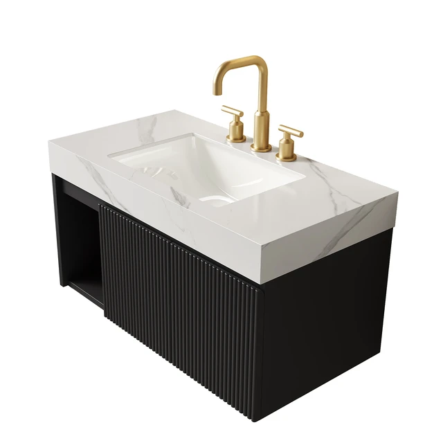 Alt view image 4 of 7 - 36 Inch Vanity and Sink, Floating Storage Cabinet Carrara Sintered Stone Top and Ceramic Basin with Pre Drilled Faucet