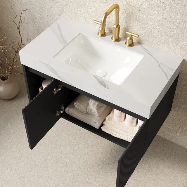 Alt view image 2 of 7 - 36 Inch Vanity and Sink, Floating Storage Cabinet Carrara Sintered Stone Top and Ceramic Basin with Pre Drilled Faucet