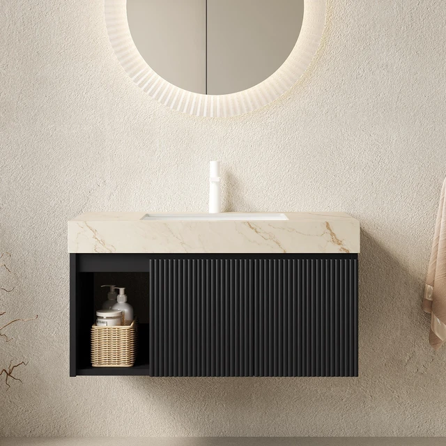 Main image of 36 Inch Vanity and Sink, Floating Storage Cabinet Vein Sintered Stone Top and Ceramic Basin with Pre Drilled Faucet