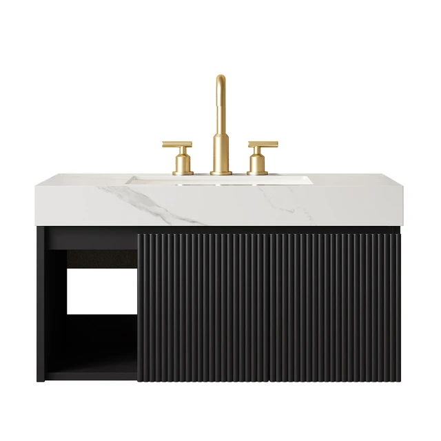 Alt view image 3 of 7 - 36 Inch Vanity and Sink, Floating Storage Cabinet Carrara Sintered Stone Top and Ceramic Basin with Pre Drilled Faucet