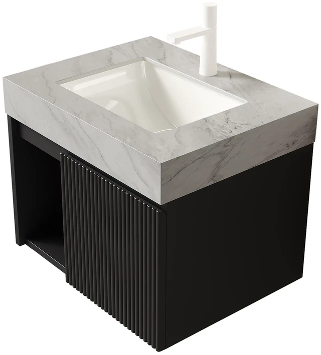 Alt view image 4 of 7 - 24 Inch Vanity and Sink, Floating Storage Cabinet Carrara Vein Sintered Stone Top and Ceramic Basin with Pre Drilled
