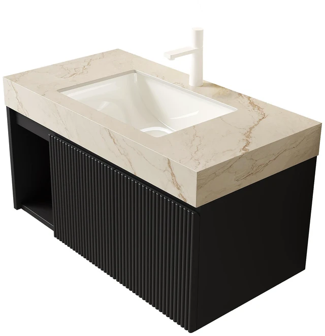 Alt view image 4 of 7 - 36 Inch Vanity and Sink, Floating Storage Cabinet Vein Sintered Stone Top and Ceramic Basin with Pre Drilled Faucet