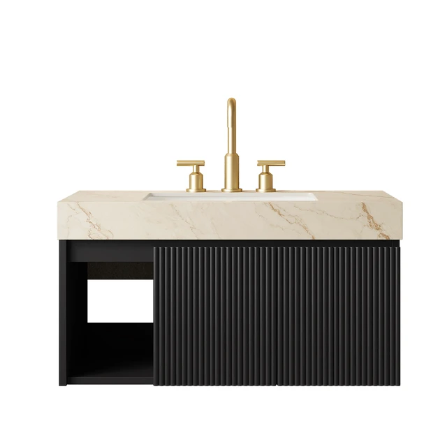 Alt view image 3 of 7 - 36 Inch Vanity and Sink, Floating Storage Cabinet Vein Sintered Stone Top and Ceramic Basin with Pre Drilled Faucet