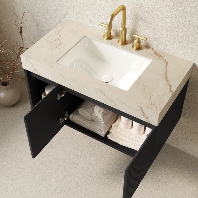 Alt view image 2 of 7 - 36 Inch Vanity and Sink, Floating Storage Cabinet Vein Sintered Stone Top and Ceramic Basin with Pre Drilled Faucet