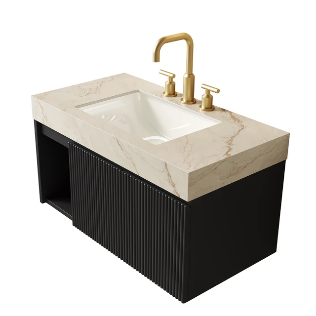 Alt view image 4 of 7 - 36 Inch Vanity and Sink, Floating Storage Cabinet Vein Sintered Stone Top and Ceramic Basin with Pre Drilled Faucet