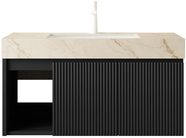 Alt view image 3 of 7 - 36 Inch Vanity and Sink, Floating Storage Cabinet Vein Sintered Stone Top and Ceramic Basin with Pre Drilled Faucet