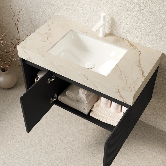 Alt view image 2 of 7 - 36 Inch Vanity and Sink, Floating Storage Cabinet Vein Sintered Stone Top and Ceramic Basin with Pre Drilled Faucet