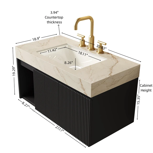 Alt view image 5 of 7 - 36 Inch Vanity and Sink, Floating Storage Cabinet Vein Sintered Stone Top and Ceramic Basin with Pre Drilled Faucet