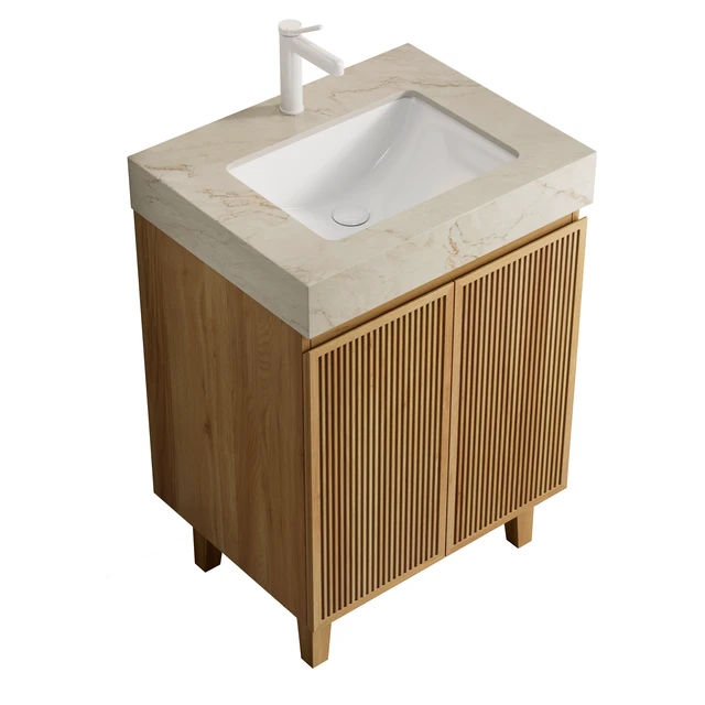 Alt view image 2 of 6 - 24 Inch Vanity and Sink, Freestanding Cabinet Vein Sintered Stone Top and Ceramic Basin with Pre Drilled Faucet Hole