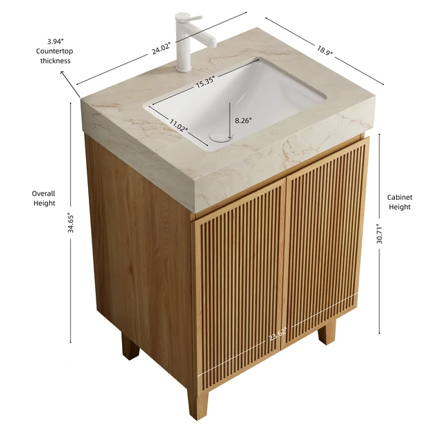 Alt view image 4 of 6 - 24 Inch Vanity and Sink, Freestanding Cabinet Vein Sintered Stone Top and Ceramic Basin with Pre Drilled Faucet Hole
