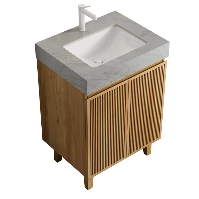 Alt view image 2 of 6 - 24 Inch Vanity and Sink, Freestanding Cabinet Carrara Vein Sintered Stone Top and Ceramic Basin with Pre Drilled Faucet