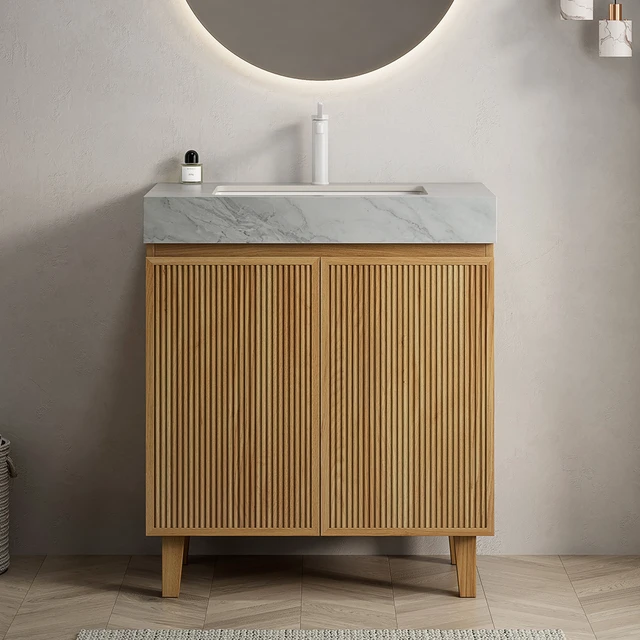 Main image of 30 Inch Vanity and Sink, Freestanding Cabinet Carrara Vein Sintered Stone Top and Ceramic Basin with Pre Drilled Faucet