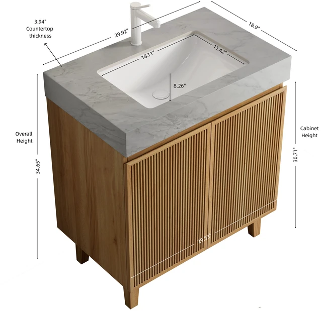 Alt view image 4 of 6 - 30 Inch Vanity and Sink, Freestanding Cabinet Carrara Vein Sintered Stone Top and Ceramic Basin with Pre Drilled Faucet