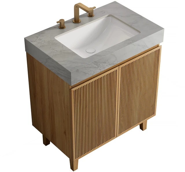 Alt view image 3 of 6 - 30 Inch Vanity and Sink, Freestanding Cabinet Carrara Vein Sintered Stone Top and Ceramic Basin with Pre Drilled Faucet