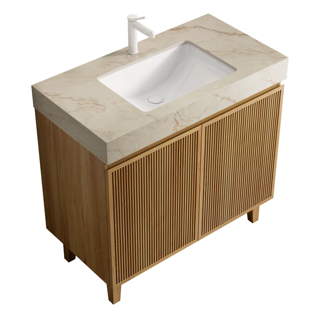 Alt view image 2 of 6 - 36 Inch Vanity and Sink, Freestanding Cabinet Vein Sintered Stone Top and Ceramic Basin with Pre Drilled Faucet Hole