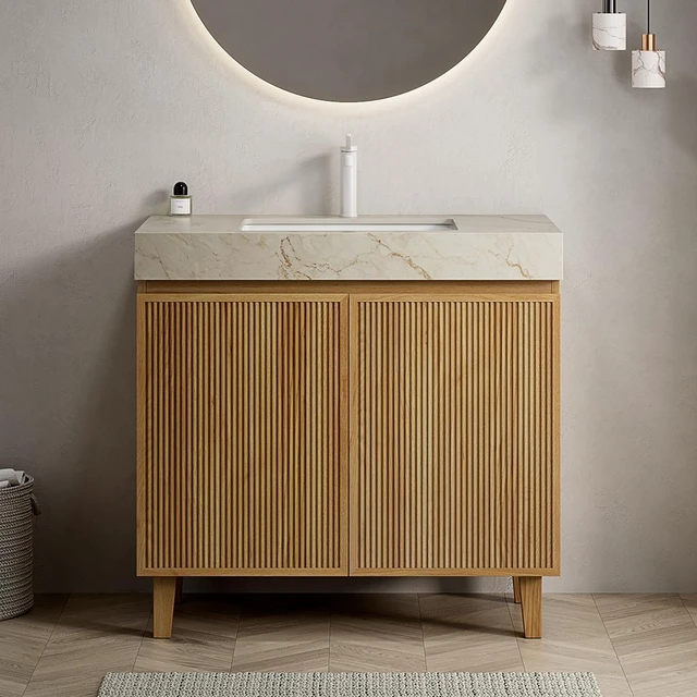 Main image of 36 Inch Vanity and Sink, Freestanding Cabinet Vein Sintered Stone Top and Ceramic Basin with Pre Drilled Faucet Hole