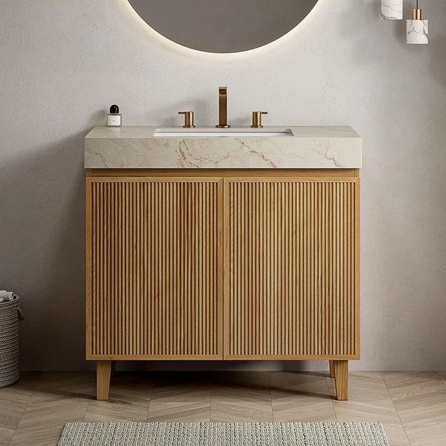 Main image of 36 Inch Vanity and Sink, Freestanding Cabinet Vein Sintered Stone Top and Ceramic Basin with Pre Drilled Faucet Holes