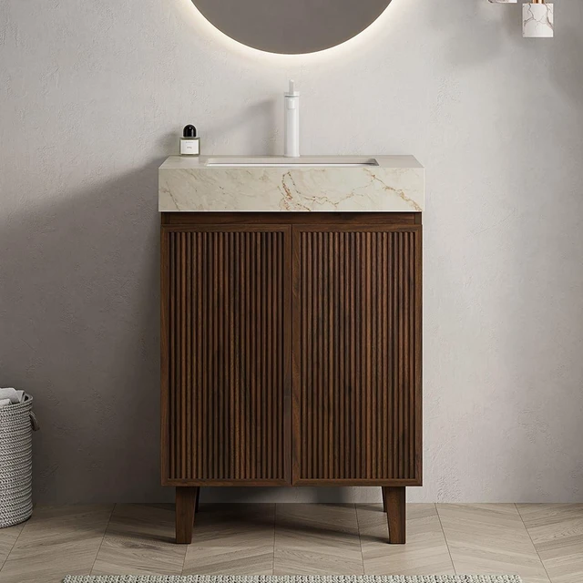 Main image of 24 Inch Vanity and Sink, Freestanding Cabinet Vein Sintered Stone Top and Ceramic Basin with Pre Drilled Faucet Hole
