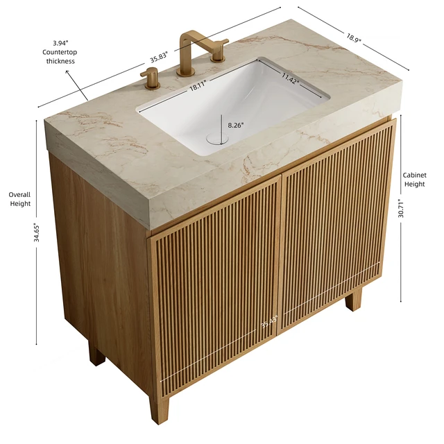Alt view image 4 of 6 - 36 Inch Vanity and Sink, Freestanding Cabinet Vein Sintered Stone Top and Ceramic Basin with Pre Drilled Faucet Holes
