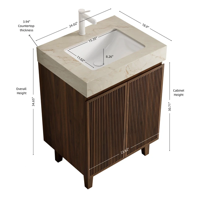 Alt view image 4 of 6 - 24 Inch Vanity and Sink, Freestanding Cabinet Vein Sintered Stone Top and Ceramic Basin with Pre Drilled Faucet Hole