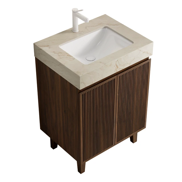 Alt view image 2 of 6 - 24 Inch Vanity and Sink, Freestanding Cabinet Vein Sintered Stone Top and Ceramic Basin with Pre Drilled Faucet Hole