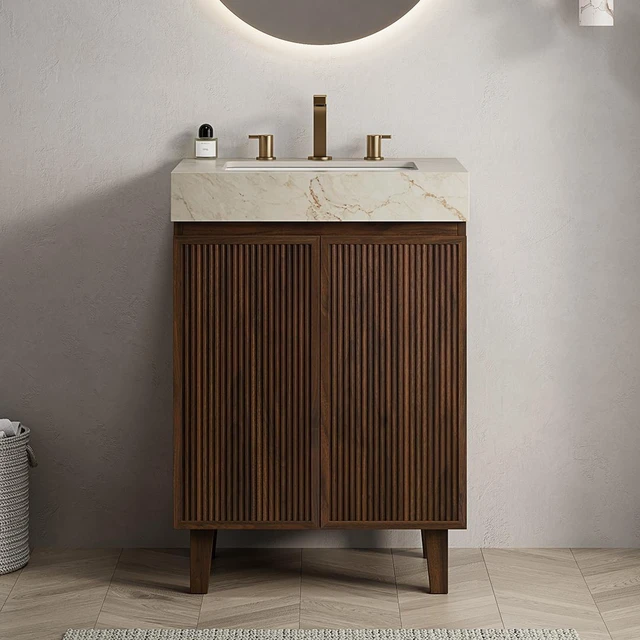Main image of 24 Inch Vanity and Sink, Freestanding Cabinet Vein Sintered Stone Top and Ceramic Basin with Pre Drilled Faucet Holes