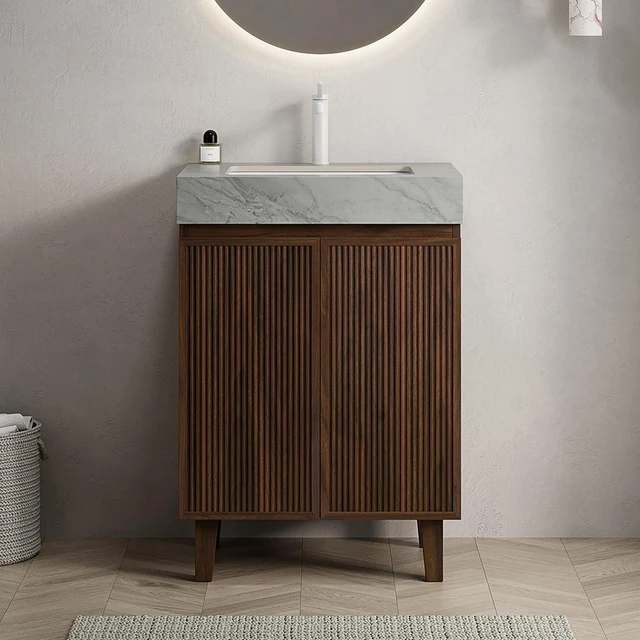 Main image of 24 Inch Vanity and Sink, Freestanding Cabinet Carrara Vein Sintered Stone Top and Ceramic Basin with Pre Drilled Faucet