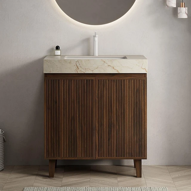 Main image of 30 Inch Vanity and Sink, Freestanding Cabinet Vein Sintered Stone Top and Ceramic Basin with Pre Drilled Faucet Hole