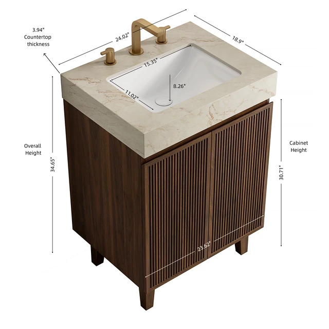 Alt view image 5 of 6 - 24 Inch Vanity and Sink, Freestanding Cabinet Vein Sintered Stone Top and Ceramic Basin with Pre Drilled Faucet Holes