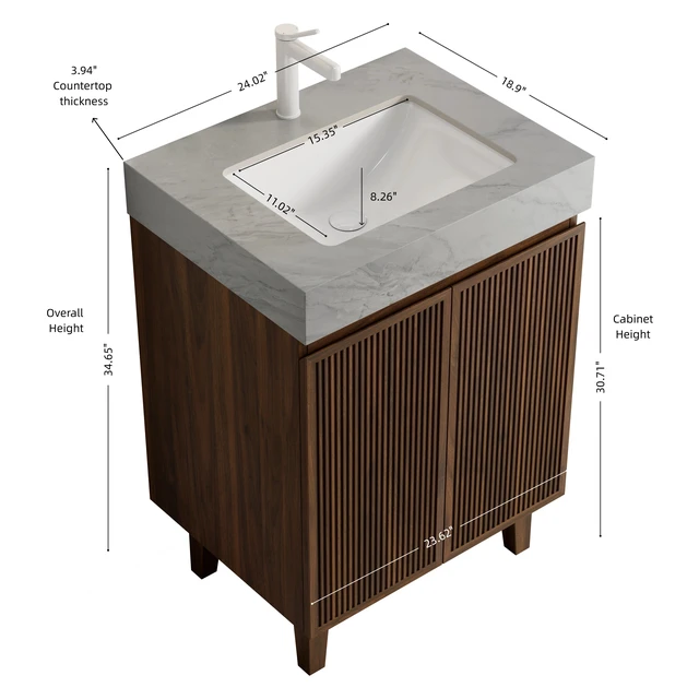 Alt view image 4 of 6 - 24 Inch Vanity and Sink, Freestanding Cabinet Carrara Vein Sintered Stone Top and Ceramic Basin with Pre Drilled Faucet