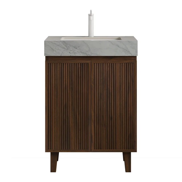 Alt view image 3 of 6 - 24 Inch Vanity and Sink, Freestanding Cabinet Carrara Vein Sintered Stone Top and Ceramic Basin with Pre Drilled Faucet