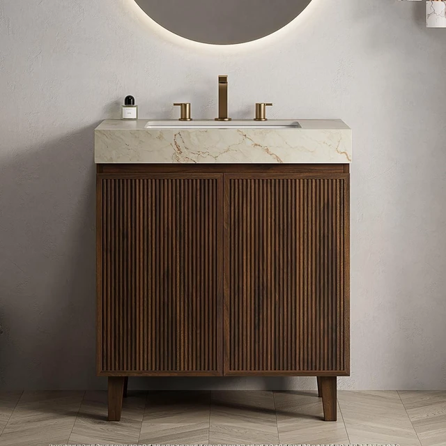 Main image of 30 Inch Vanity and Sink, Freestanding Cabinet Vein Sintered Stone Top and Ceramic Basin with Pre Drilled Faucet Holes