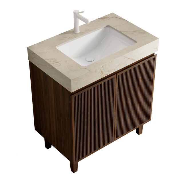 Alt view image 2 of 6 - 30 Inch Vanity and Sink, Freestanding Cabinet Vein Sintered Stone Top and Ceramic Basin with Pre Drilled Faucet Hole
