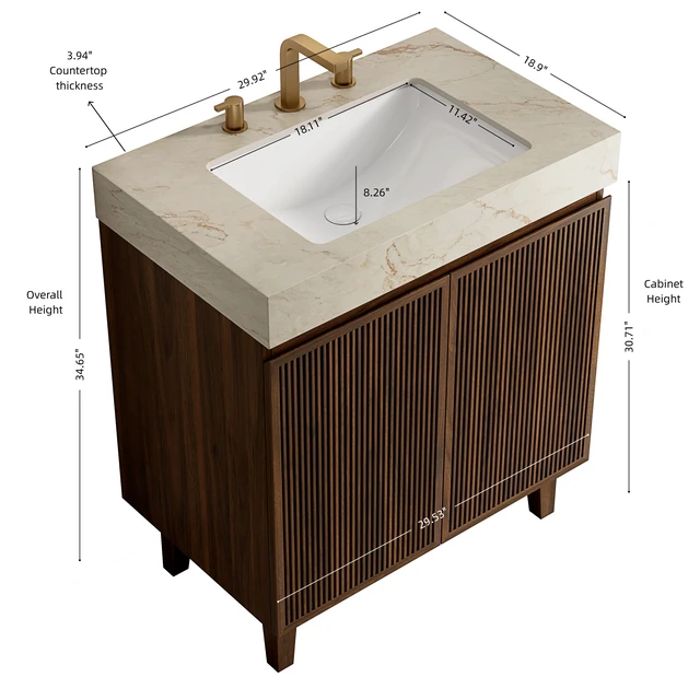 Alt view image 5 of 6 - 30 Inch Vanity and Sink, Freestanding Cabinet Vein Sintered Stone Top and Ceramic Basin with Pre Drilled Faucet Holes