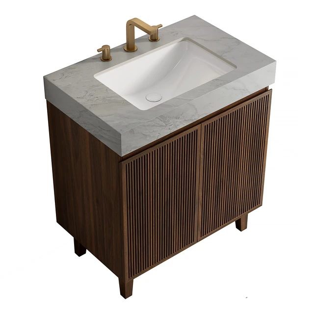 Alt view image 2 of 6 - 30 Inch Vanity and Sink, Freestanding Cabinet Carrara Vein Sintered Stone Top and Ceramic Basin with Pre Drilled Faucet