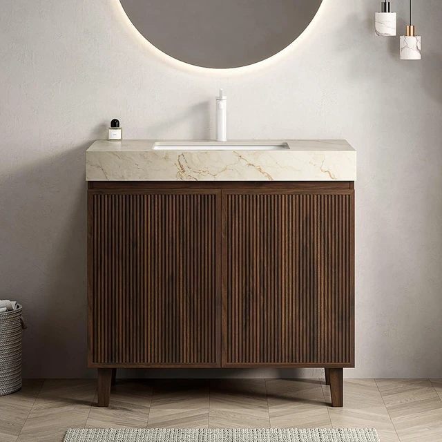 Main image of 36 Inch Vanity and Sink, Freestanding Cabinet Vein Sintered Stone Top and Ceramic Basin with Pre Drilled Faucet Hole