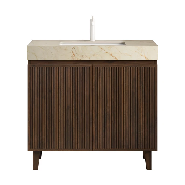 Alt view image 3 of 6 - 36 Inch Vanity and Sink, Freestanding Cabinet Vein Sintered Stone Top and Ceramic Basin with Pre Drilled Faucet Hole