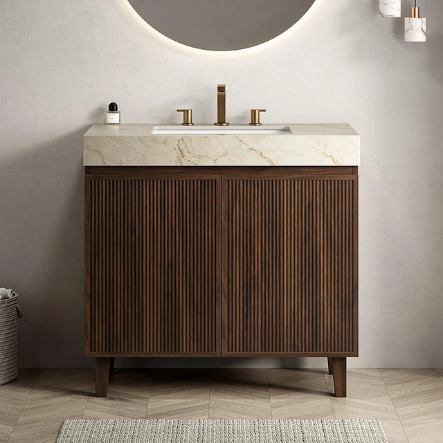 Main image of 36 Inch Vanity and Sink, Freestanding Cabinet Vein Sintered Stone Top and Ceramic Basin with Pre Drilled Faucet Holes