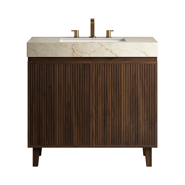 Alt view image 3 of 6 - 36 Inch Vanity and Sink, Freestanding Cabinet Vein Sintered Stone Top and Ceramic Basin with Pre Drilled Faucet Holes