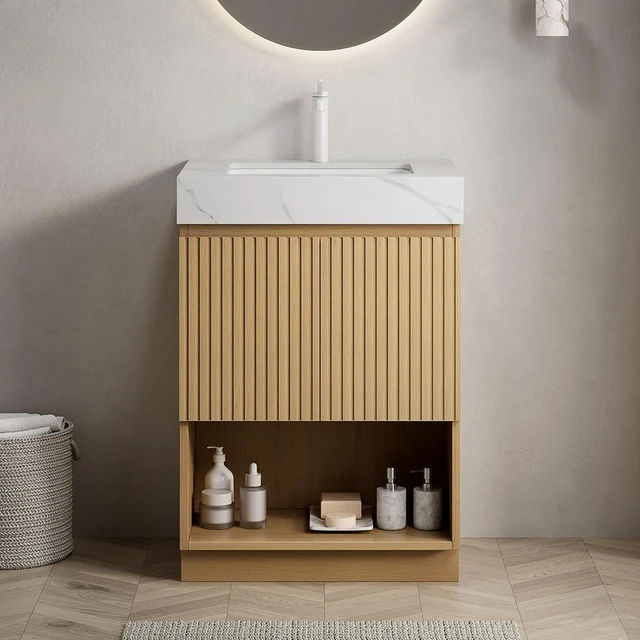 Main image of 24 Inch Vanity and Sink, Freestanding Cabinet Carrara Sintered Stone Top and Ceramic Basin with Pre Drilled Faucet Hole