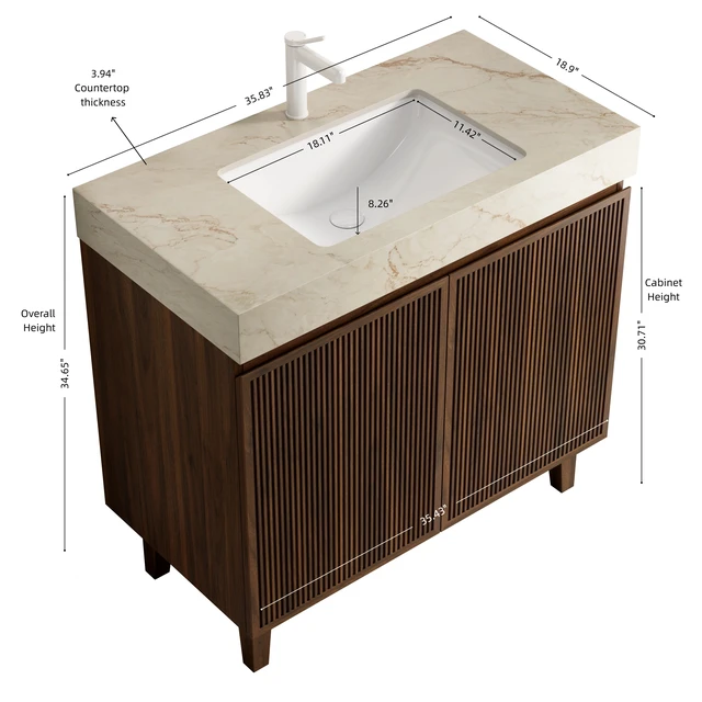 Alt view image 4 of 6 - 36 Inch Vanity and Sink, Freestanding Cabinet Vein Sintered Stone Top and Ceramic Basin with Pre Drilled Faucet Hole